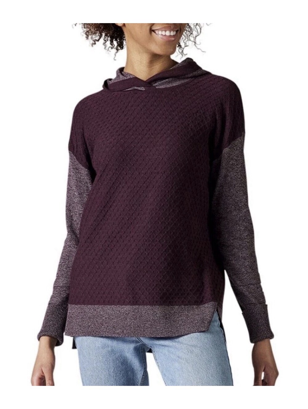 Smartwool Hoodie Womens L Maroon Waffle Knit Wool Blend Pullover Sweater